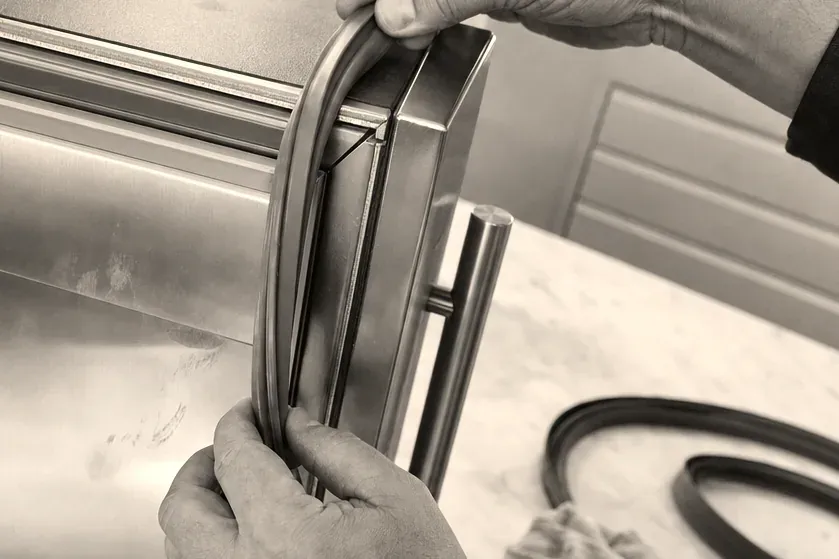 Bare hands fitting a dark gasket along the edge of a stainless door with a bar pull, a second gasket coiled on the counter behind.
