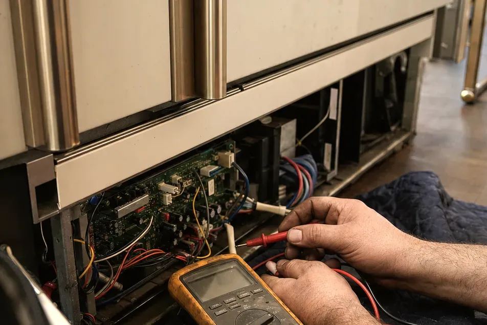 Hands testing a control board with a yellow multimeter in the open base below two panel-faced drawers with brass-tone pulls.